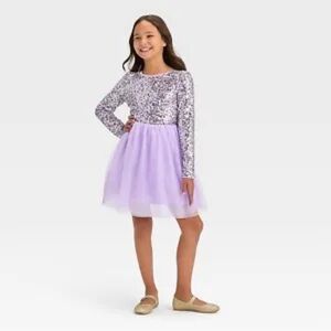 Cat & Jack Girls' Long Sleeve Sequin Tulle Dress - Lavender, L